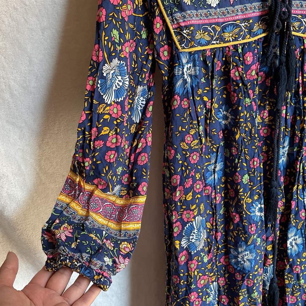 Floral Boho  Dress Womens XS Long Sleeve Midi Maxi Cottagecore Tassels - Picture 7 of 13
